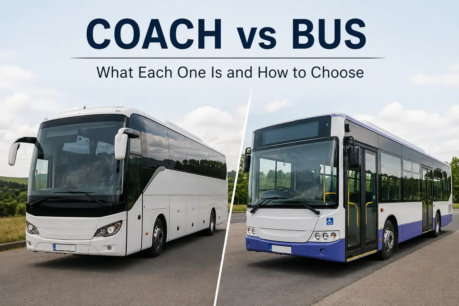 Graphic comparing a white coach bus and blue-and-white city bus, titled “COACH vs BUS,” with subtitle “What Each One Is and How to Choose.”